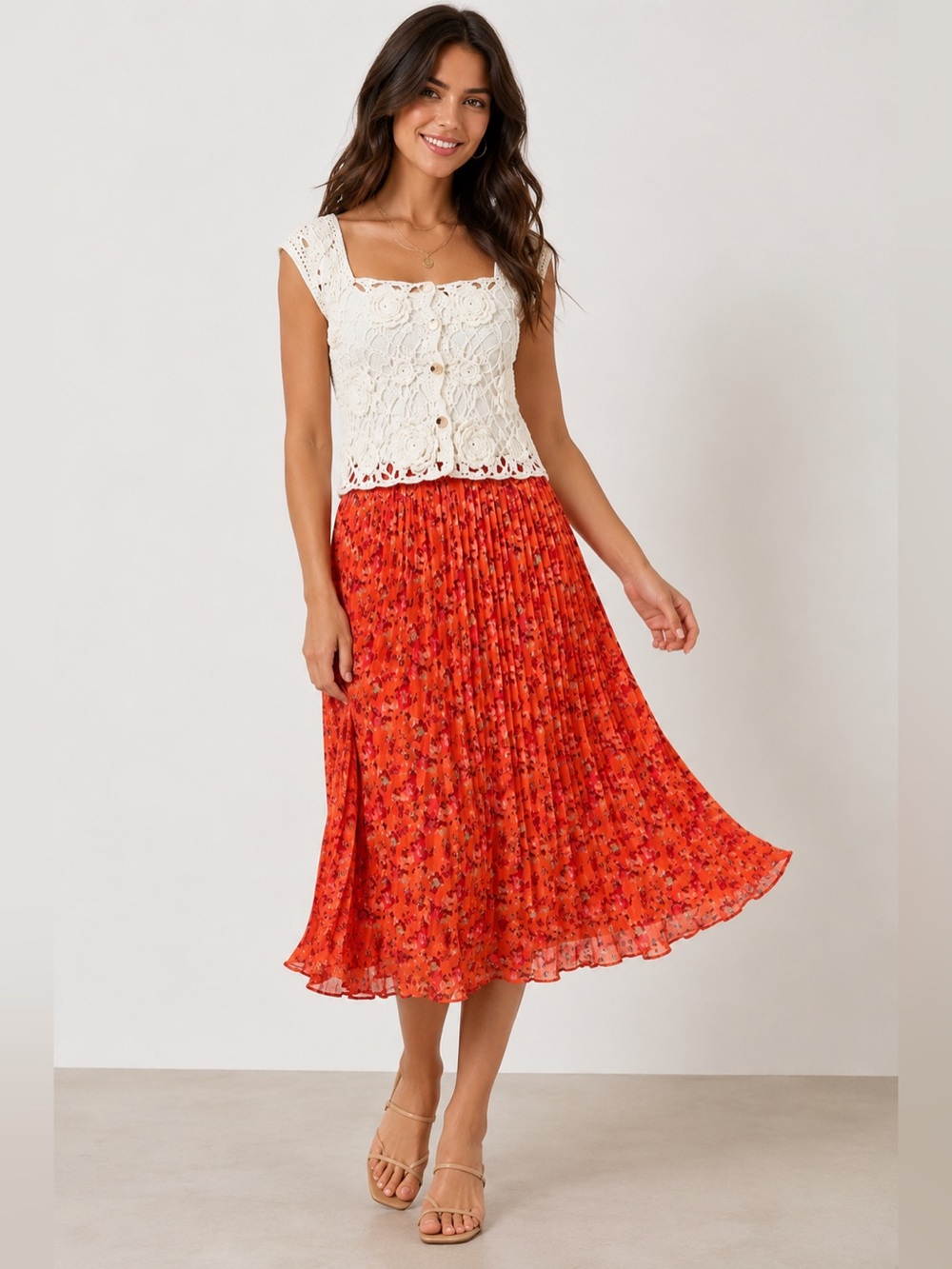 Mystree Floral Pleated Midi Skirt NWT Orange Boho Elastic Waist Small
